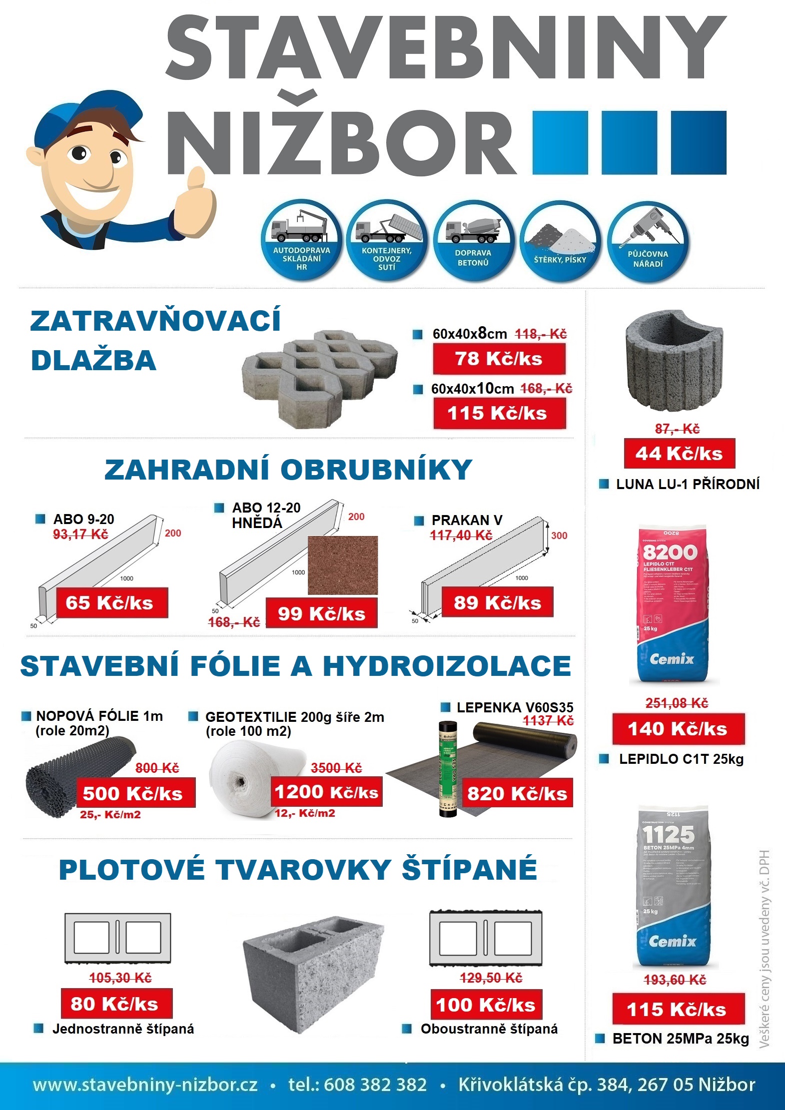 Akční leták stavebnin Nižbor – červen 2025, sleva na dlažbu, obrubníky a fólie